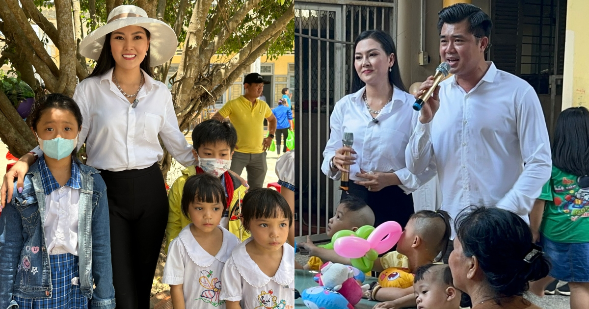 Ca sĩ Kim Thoa cùng em trai Phú Quí đội nắng trao quà cho trẻ em mồ côi, học sinh khó khăn tại Bến Tre
