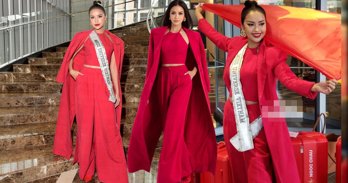 Ngọc Châu mặc áo yếm, mang cờ Việt Nam nhuộm đỏ khách sạn ngày đầu nhập cuộc Miss Universe 2022