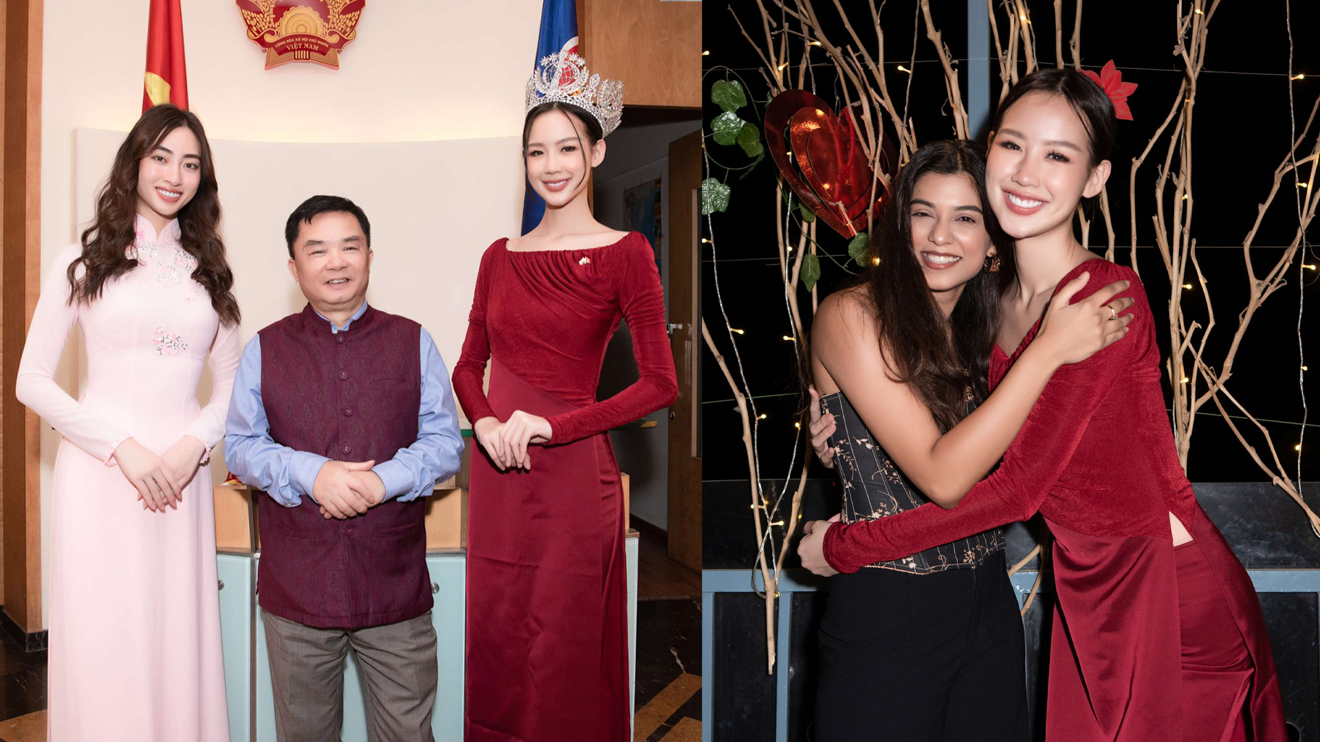 Tự hào khoe vẻ đẹp áo dài Việt Nam, hoa hậu Bảo Ngọc ôm chầm một nhân vật đặc biệt tại Ấn Độ