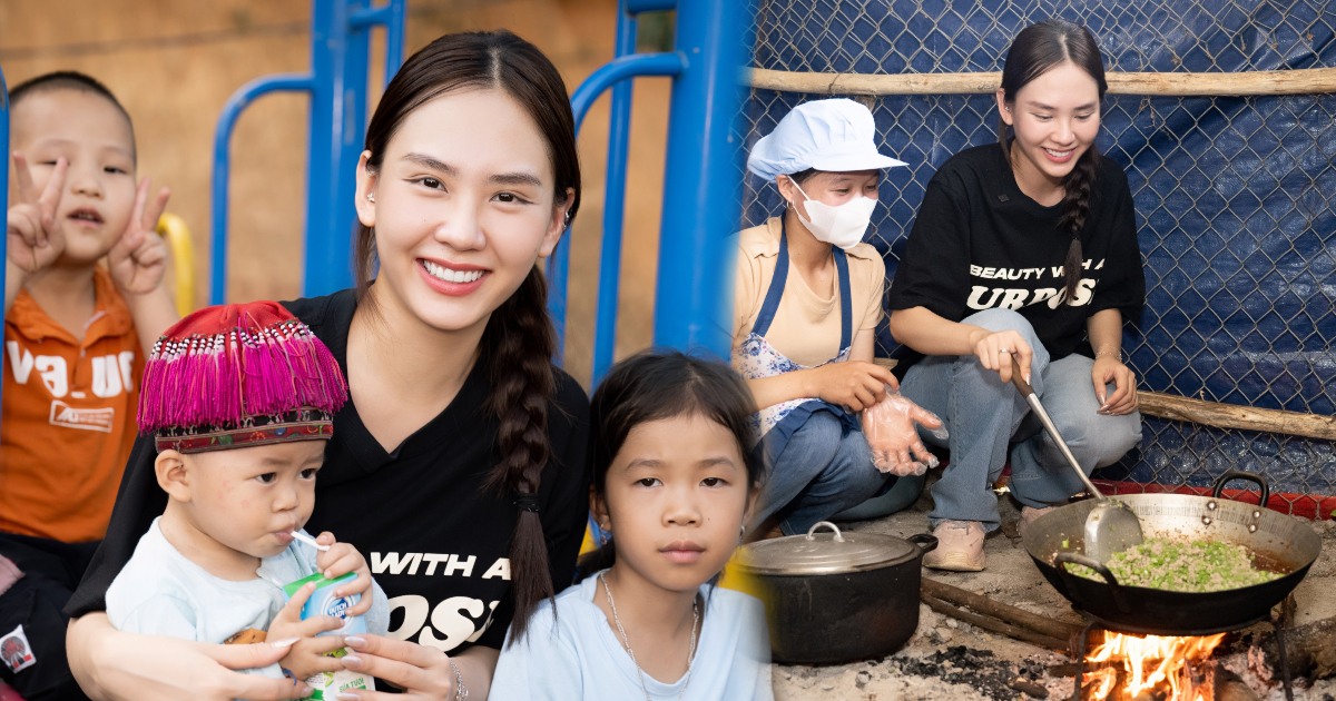 Hoa hậu Mai Phương về miền núi xây dựng bếp ăn cho trẻ em, nạp thêm năng lượng trước ngày thi Miss World