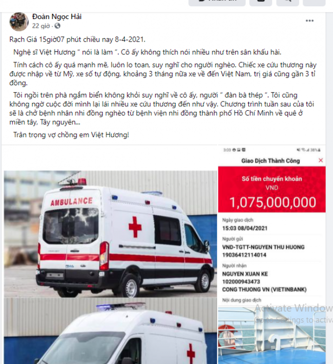 Nghệ sĩ Việt Hương chuyển cọc hơn 1 tỷ đồng, thực hiện lời hứa mua xe cứu thương tặng ông Đoàn Ngọc Hải