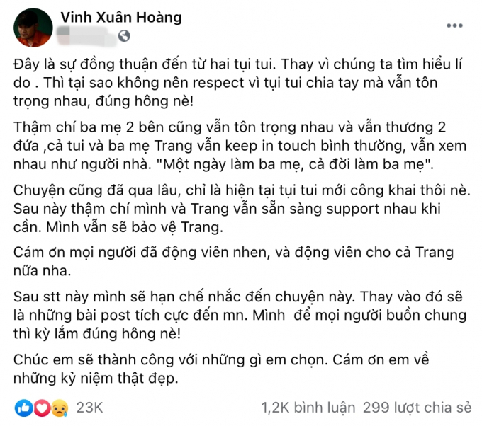 Vinh Râu hứa bảo vệ Lương Minh Trang nhưng lại block Facebook vợ cũ?