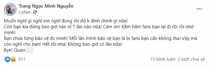 Nói ghét đàn ông vũ phu, Lương Minh Trang ẩn ý nhắn Vinh Râu: Đừng năn nỉ, bạn chưa từng bảo vệ mình?