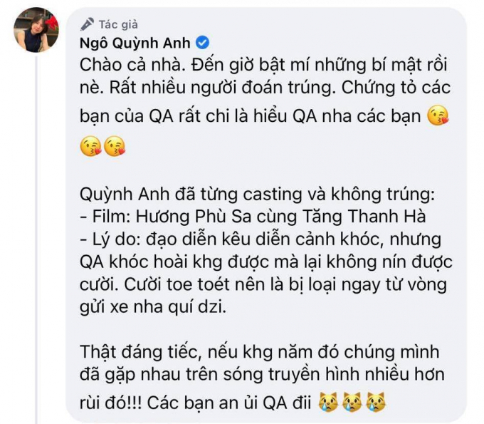 Ngô Quỳnh Anh tiết lộ từng casting phim Hương phù sa cùng Tăng Thanh Hà, lý do rớt chẳng ai ngờ đến