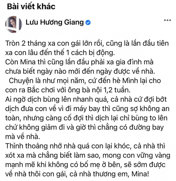 Vợ chồng Hồ Hoài Anh - Lưu Hương Giang lo lắng khi con gái phải xa nhà 2 tháng vì dịch bệnh