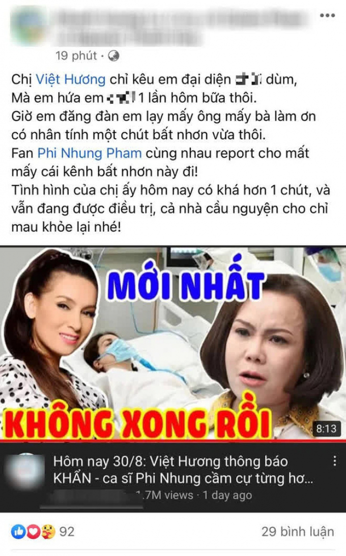 Việt Hương nhờ người thân bác bỏ thông tin Phi Nhung đang cầm cự từng hơi thở, tiết lộ tình trạng hiện tại