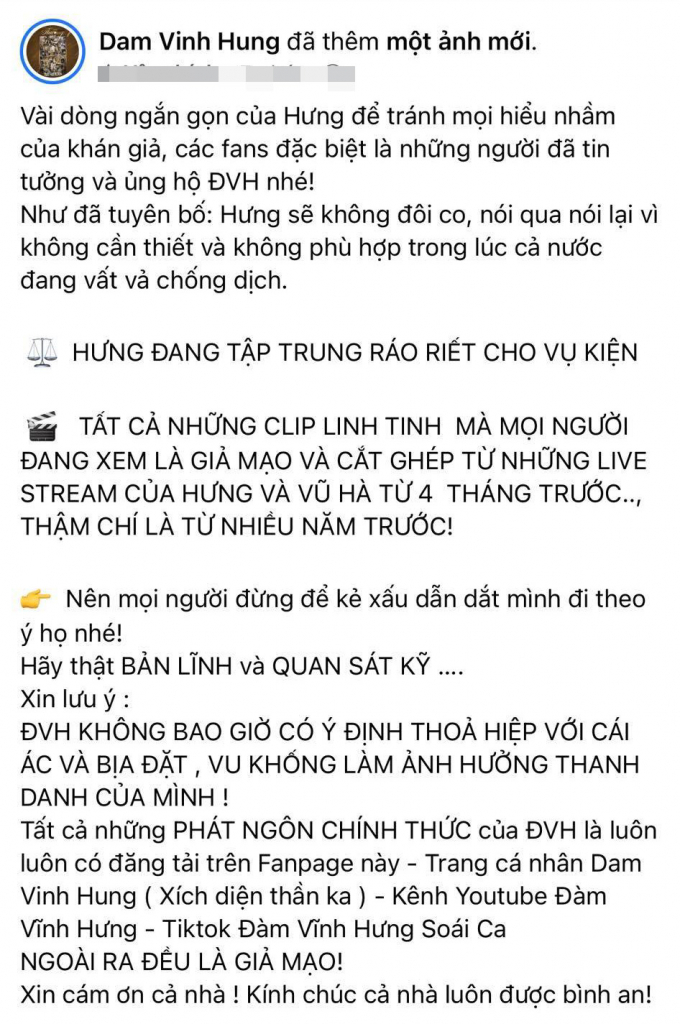 Đàm Vĩnh Hưng ráo riết kiện bà Phương Hằng, nói rõ về video làm hòa: Không bao giờ thỏa hiệp với cái ác!