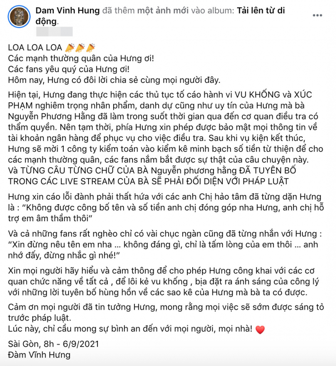 Đàm Vĩnh Hưng bảo mật thông tin tài khoản để kiện bà Phương Hằng, hé lộ lý do không sao kê rõ ràng