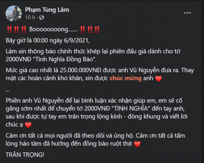 Mua tờ 2 nghìn của ông cụ, Lâm Ống Húc đấu giá lại được hơn 25 triệu đồng ủng hộ người nghèo