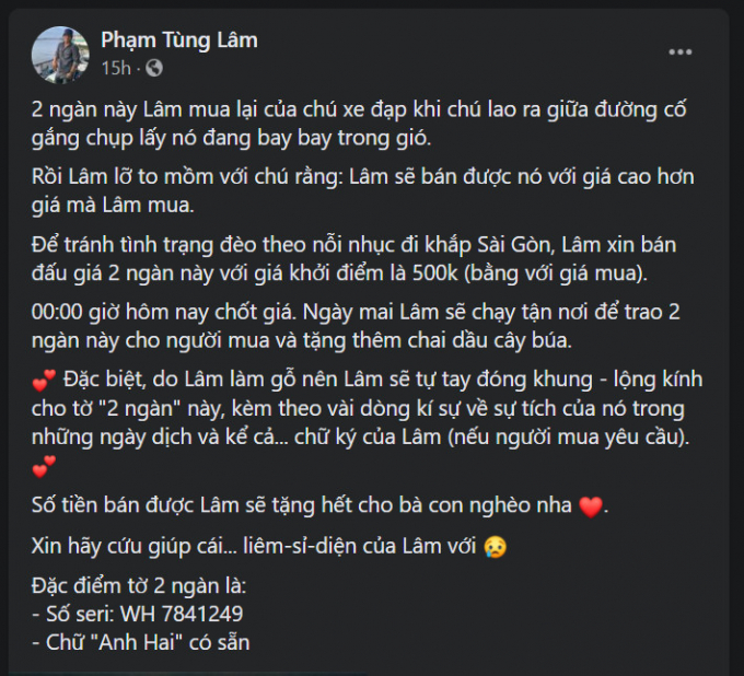 Mua tờ 2 nghìn của ông cụ, Lâm Ống Húc đấu giá lại được hơn 25 triệu đồng ủng hộ người nghèo