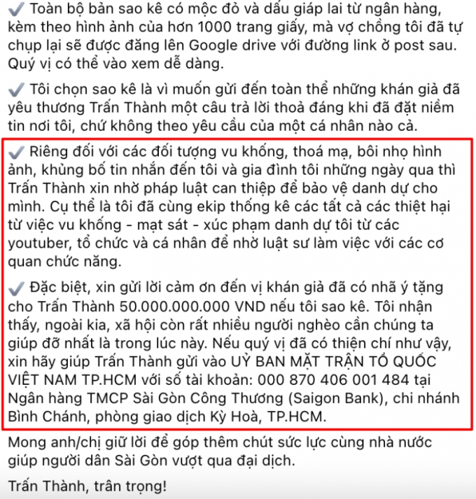 Dàn sao Việt tâm đắc với bản sao kê, nể phục Trấn Thành bỏ 700 tiền túi làm từ thiện không kể lể