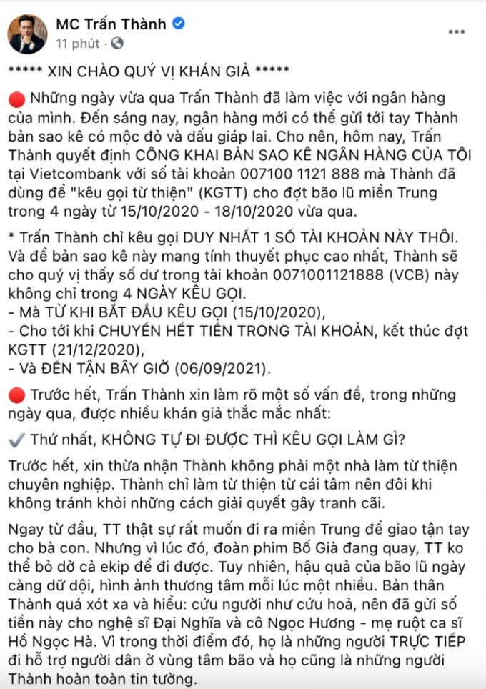 Dàn sao Việt tâm đắc với bản sao kê, nể phục Trấn Thành bỏ 700 tiền túi làm từ thiện không kể lể