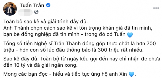 Dàn sao Việt tâm đắc với bản sao kê, nể phục Trấn Thành bỏ 700 tiền túi làm từ thiện không kể lể