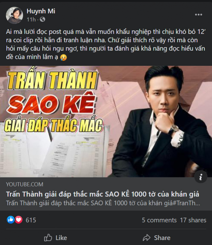 Em gái Trấn Thành cà khịa netizen vì vấn đề đọc hiểu giữa lúc anh trai sao kê tiền từ thiện