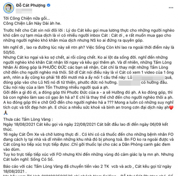 Cát Phượng đăng sao kê từ thiện, lao ra đường mùa dịch vì bà con lại bị nghi ngờ: Tổn thương quá