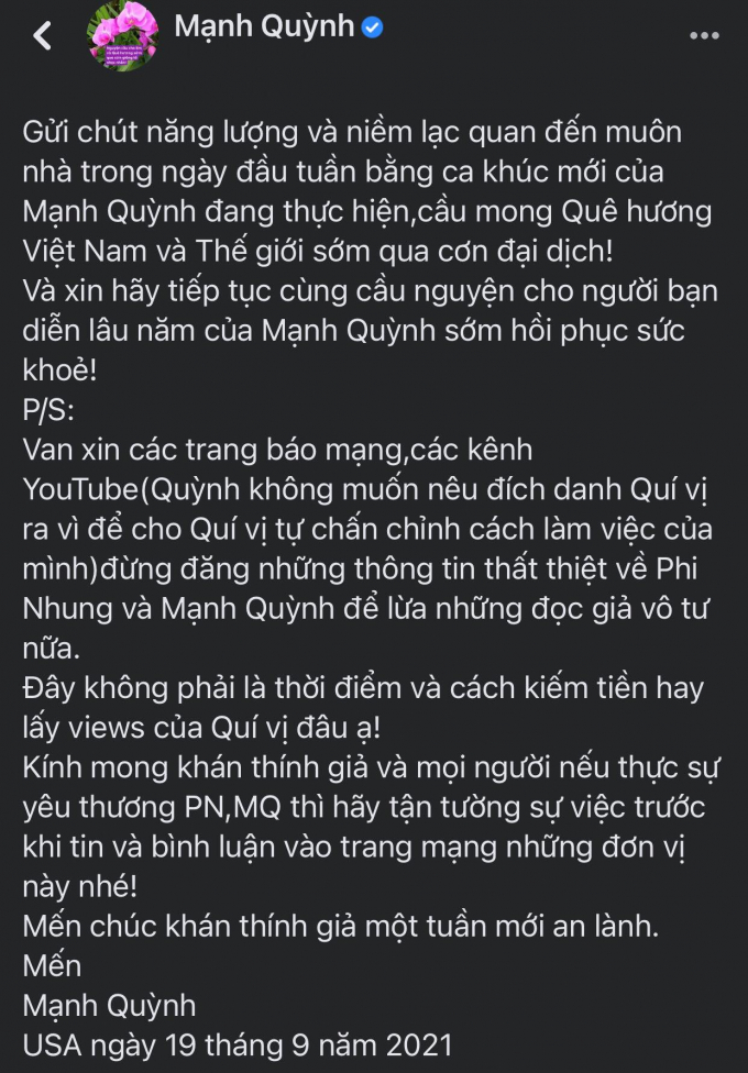 Mạnh Quỳnh bức xúc vì YouTuber làm tin giả: Tôi van xin đừng đăng điều thất thiệt về Phi Nhung nữa