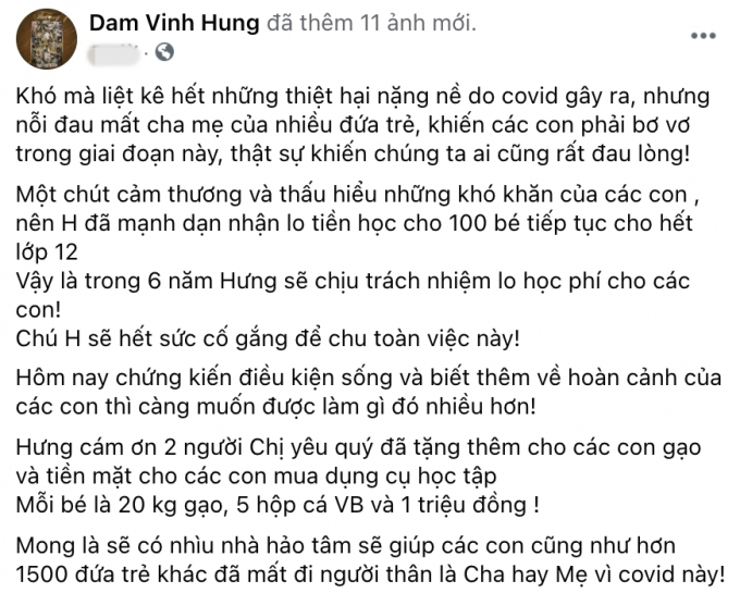 Mặc ồn ào kiện tụng, Đàm Vĩnh Hưng tận tay trao quà cho trẻ em có người thân mất vì Covid-19