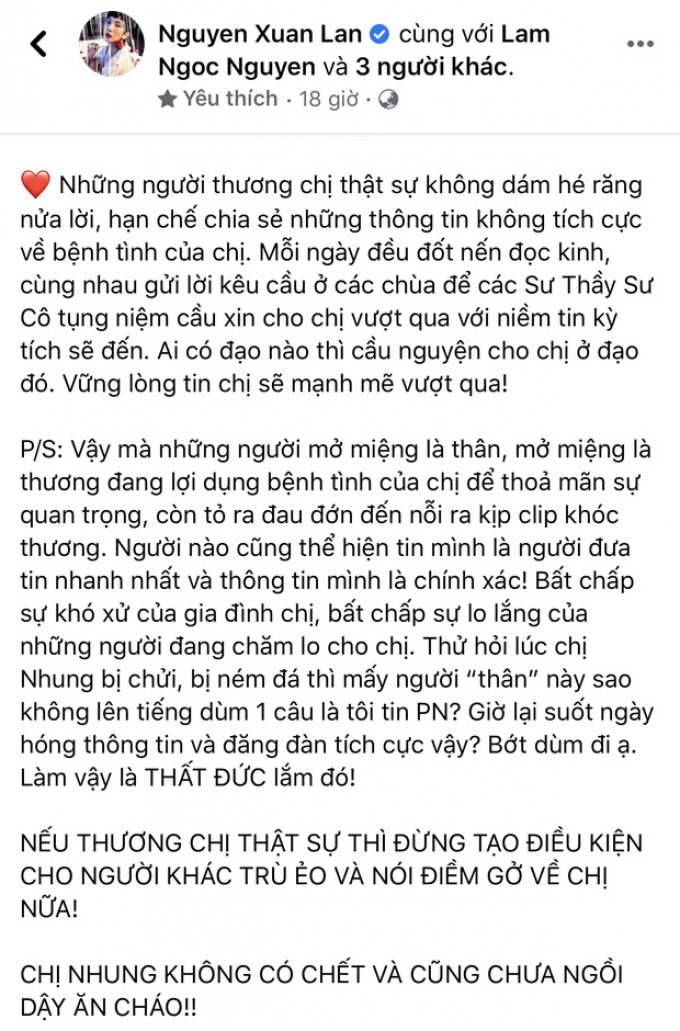 Xuân Lan dằn mặt ai đó lợi dụng bệnh tình Phi Nhung để thoả mãn sự quan trọng: Thất đức lắm đó!