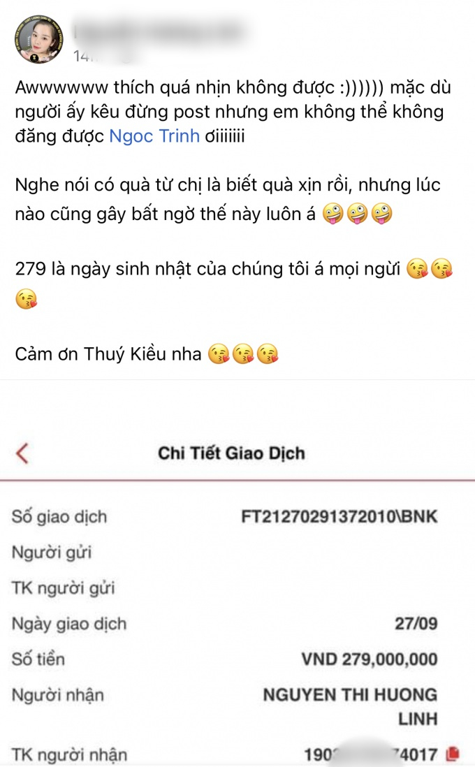 Góc bạn nhà người ta: Ngọc Trinh chơi lớn, chuyển khoản 279 triệu mừng sinh nhật 27/9 của bạn