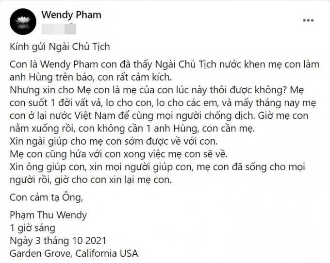 Nhói lòng tâm thư con gái Phi Nhung xin Chủ tịch nước cho phép đưa thi hài mẹ về Mỹ an táng