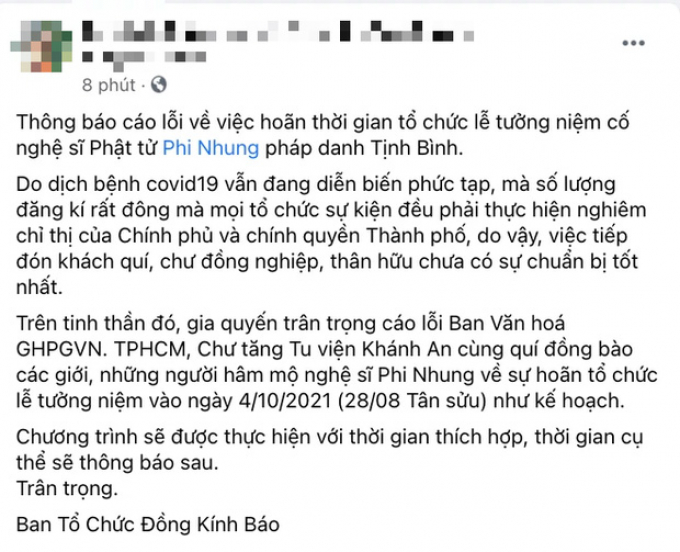 Hoãn lễ tưởng niệm cố ca sĩ Phi Nhung ngày 4/10, lý do được gia đình đưa ra là gì?