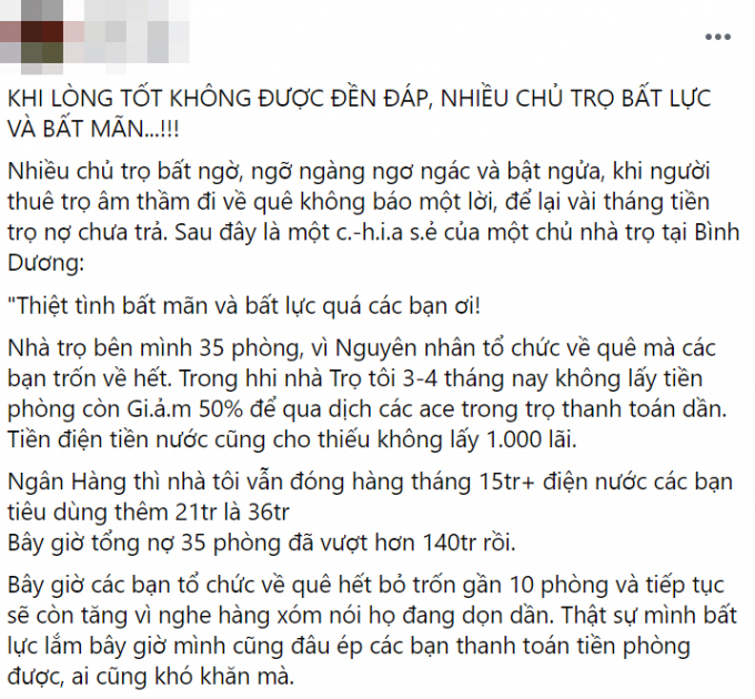 Người thuê phòng bỏ về quê âm thầm khiến chủ trọ bất lực vì bị quỵt mấy tháng tiền nhà