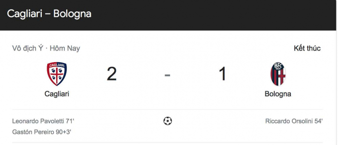 Cagliari  bất ngờ vượt Bologna ở Serie A với tỉ số 2-1