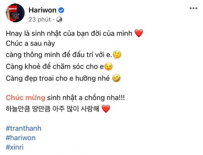 Hari Won ngọt ngào chúc mừng sinh nhật Trấn Thành, Trương Quỳnh Anh thốt lên: “Khôn quá trời” Hari Won ngọt ngào chúc mừng sinh nhật Trấn Thành, Trương Quỳnh Anh thốt lên: “Khôn quá trời”