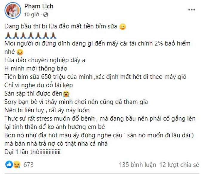 Phạm Lịch tiết lộ bị lừa đảo, bay mất hơn nửa tỉ đồng trong khi đang mang thai Phạm Lịch tiết lộ bị lừa đảo, bay mất hơn nửa tỉ đồng trong khi đang mang thai