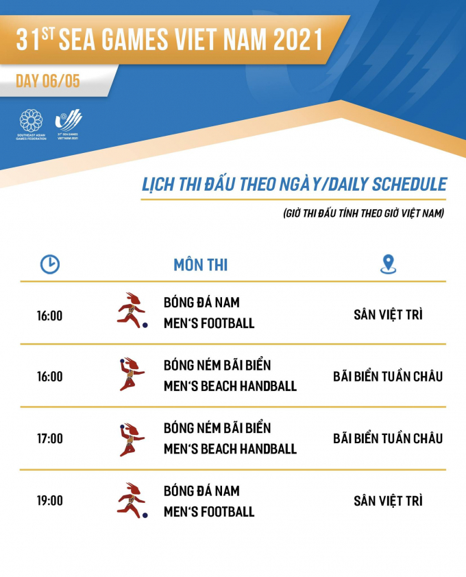 Lịch thi đấu SEA Games 31 hôm nay (6/5): U23 Việt Nam ra quân