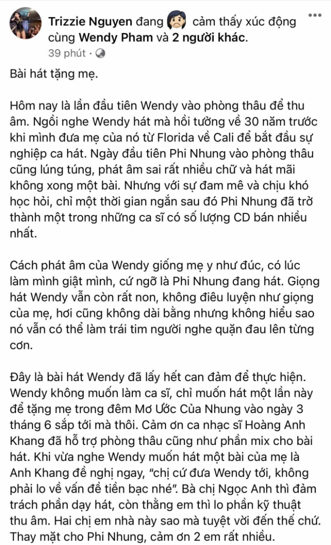 Trizzie Phương Trinh ‘quặn đau’ khi lần đầu nghe Wendy hát trong phòng thu để tặng Phi Nhung