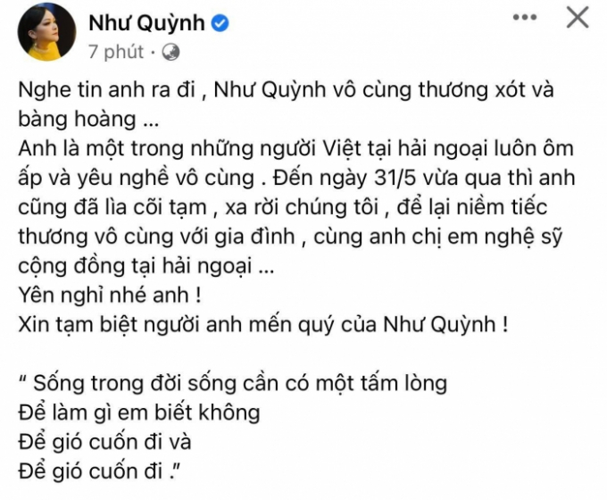 Như Quỳnh xót xa báo tin tang sự: ‘Yên nghỉ nhé anh’, khán giả gửi lời chia buồn