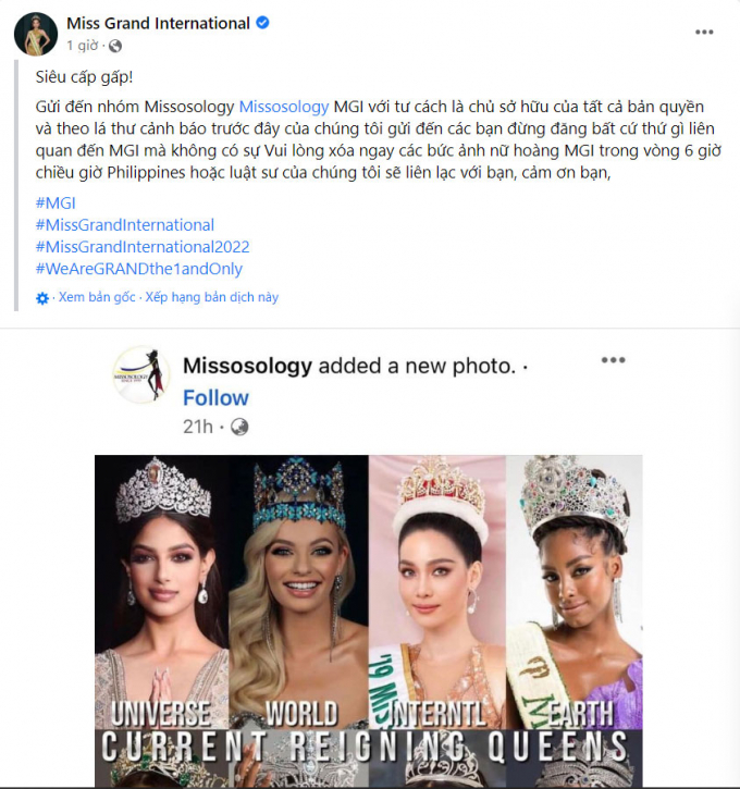 Biến căng: Ban tổ chức Miss Grand International cảnh báo kênh Missosology xoá ảnh Thuỳ Tiên
