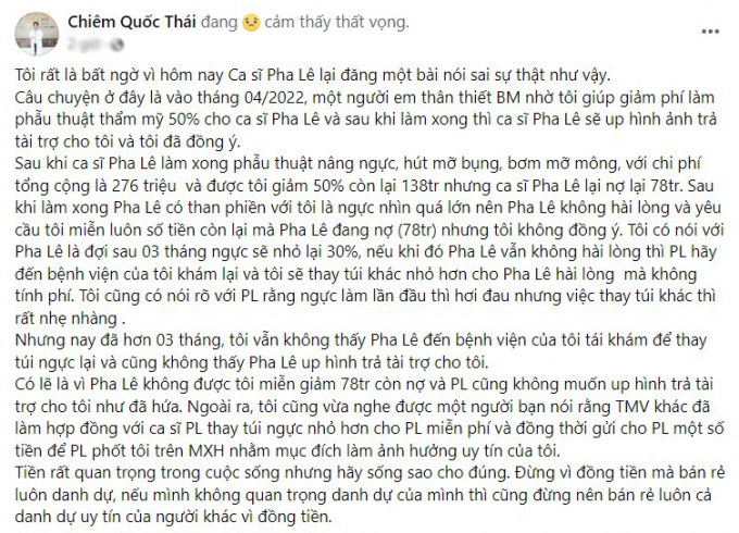 Bác sĩ Chiêm Quốc Thái tung bằng chứng ca sĩ Pha Lê bùng chi phí đại tu, vì tiền mà nói sai sự thật
