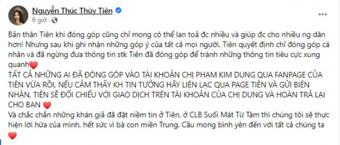 Hoa hậu Thùy Tiên lên tiếng về ồn ào kêu gọi từ thiện: Nếu ai không tin tưởng hãy liên lạc sẽ hoàn trả lại tiền