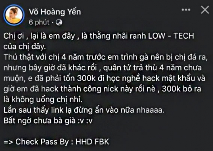 Võ Hoàng Yến bị cuỗm nick Facebook, hacker tuyên bố chỉ làm việc trực tiếp với chính chủ