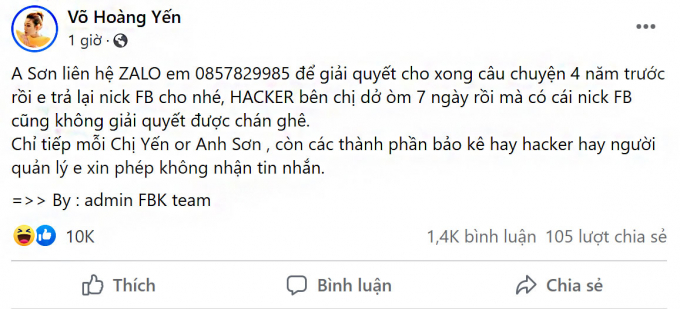 Võ Hoàng Yến bị cuỗm nick Facebook, hacker tuyên bố chỉ làm việc trực tiếp với chính chủ