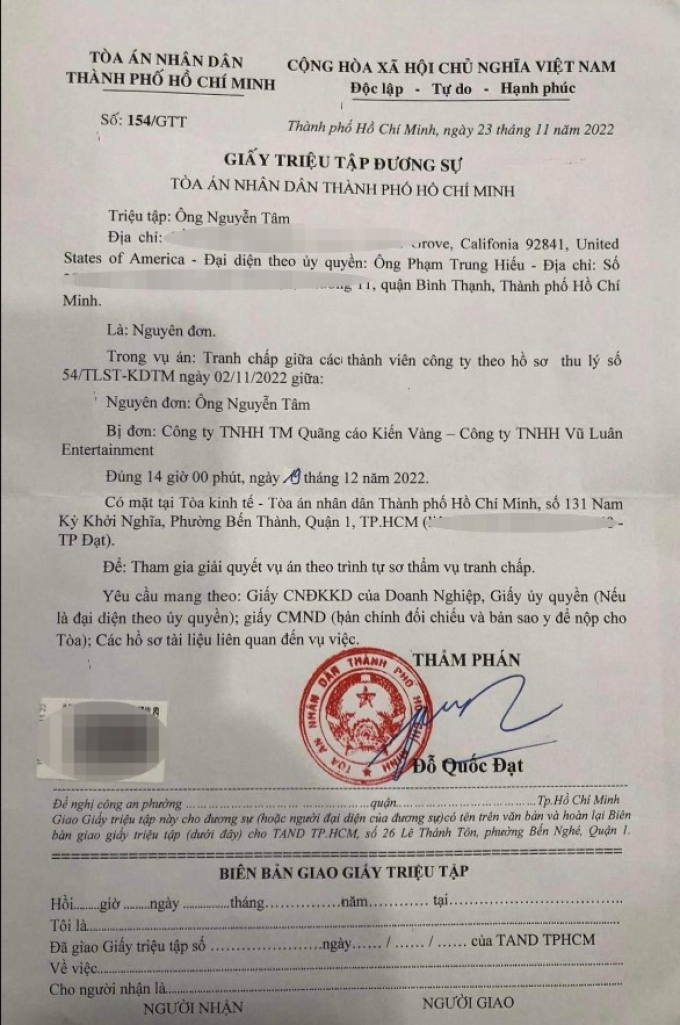 TAND TP.HCM thụ lý vụ ca sĩ Nguyễn Tâm kiện nghệ sĩ Vũ Luân