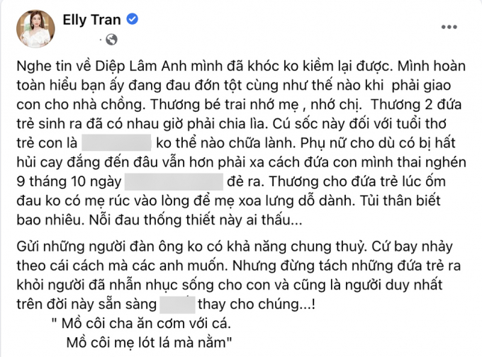 Elly Trần xót xa khi Diệp Lâm Anh mất quyền nuôi con trai: Mình hiểu đau đớn tột cùng thế nào