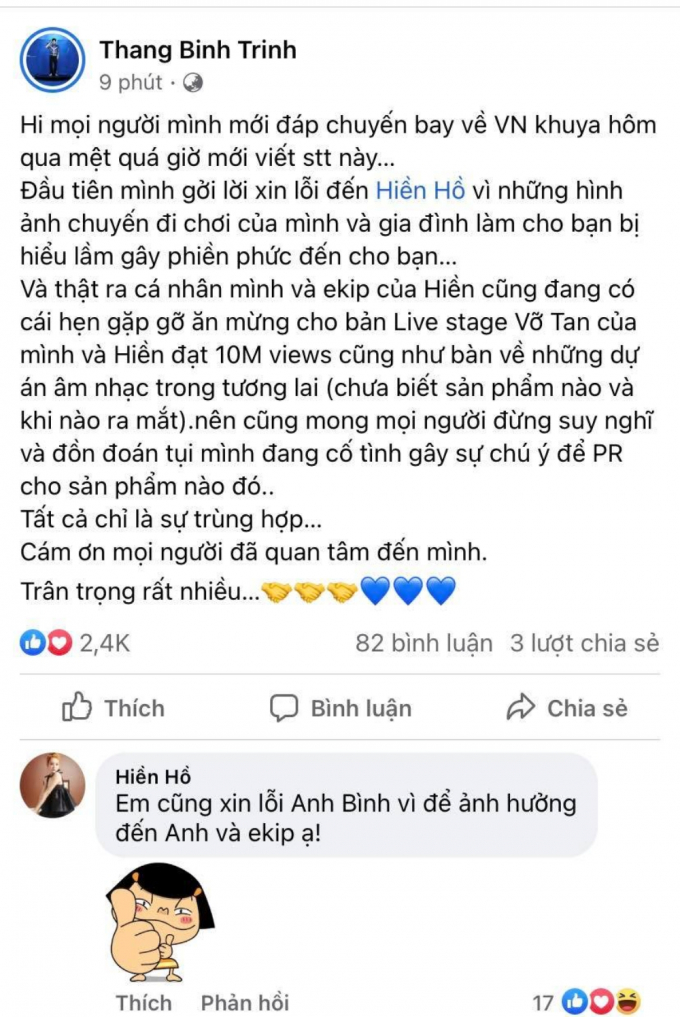Trịnh Thăng Binh xin lỗi Hiền Hồ, khẳng định tin đồn hẹn hò không phải chiêu trò PR sản phẩm mới