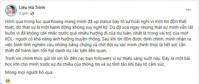 Liêu Hà Trinh xin lỗi vì đăng tin hoài nghi vụ nữ sinh HUFLIT đang gây chấn động dư luận