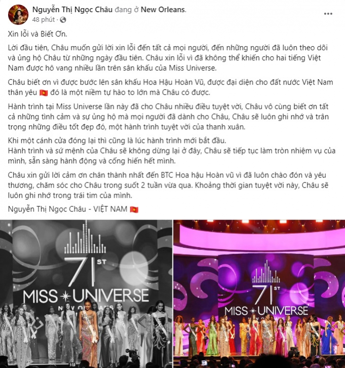 Ngọc Châu viết tâm thư xin lỗi khán giả, khẳng định sẽ làm tròn nhiệm vụ hoa hậu sau Miss Universe 2022