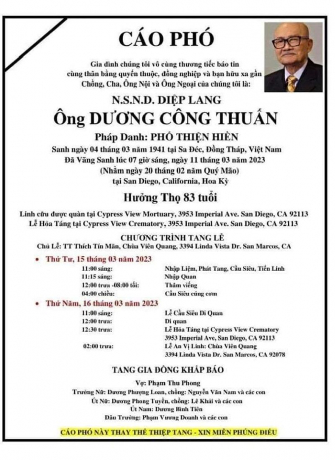 Gia đình công bố thông tin tang lễ của nghệ sĩ Diệp Lang tại Mỹ Gia đình công bố thông tin tang lễ của nghệ sĩ Diệp Lang tại Mỹ