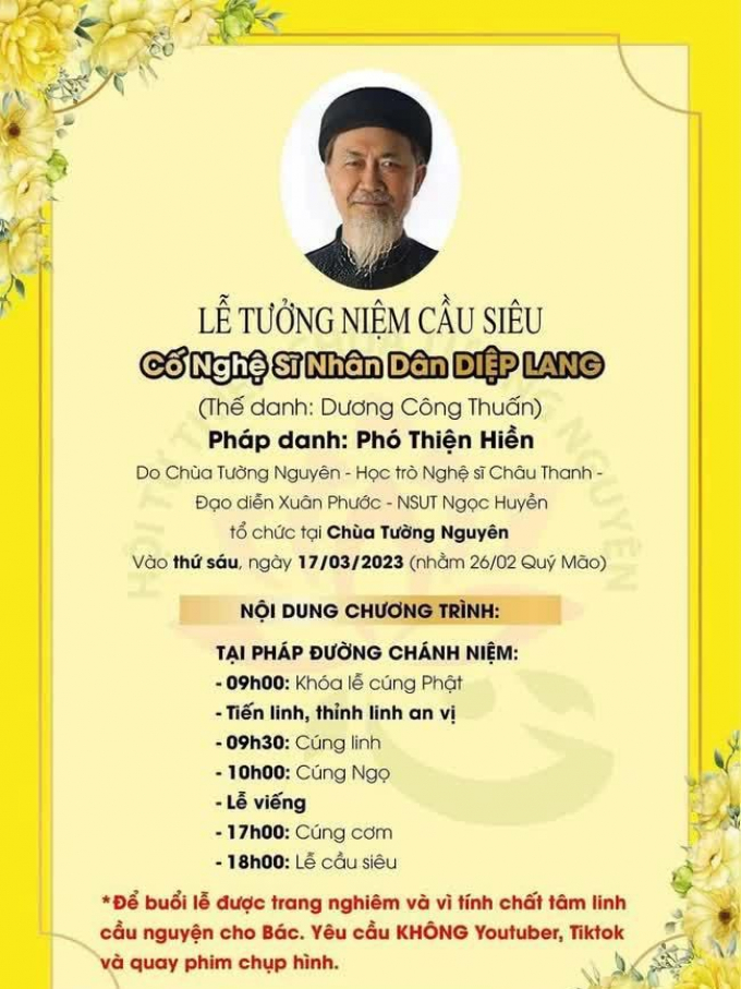 Yêu cầu đặc biệt tại lễ tưởng niệm cầu siêu cho NSND Diệp Lang ở Việt Nam