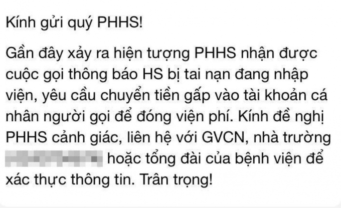 Nhiều trường học ở Hà Nội cảnh báo chiêu trò lừa đảo ‘con đang cấp cứu, yêu cầu chuyển tiền gấp’