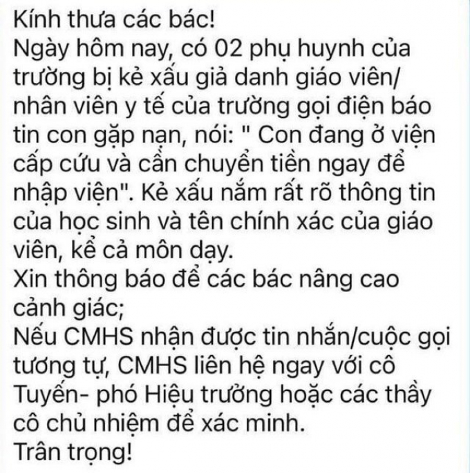 Nhiều trường học ở Hà Nội cảnh báo chiêu trò lừa đảo ‘con đang cấp cứu, yêu cầu chuyển tiền gấp’
