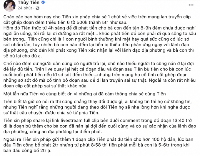 Thủy Tiên giải thích chuyện phát thiếu tiền trong đợt từ thiện miền Trung, khẳng định bị oan do anti-fans cắt ghép