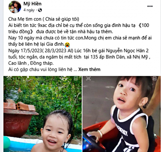 Đồng Tháp: Treo thưởng 100 triệu đồng tìm con gái 2 tuổi mất tích