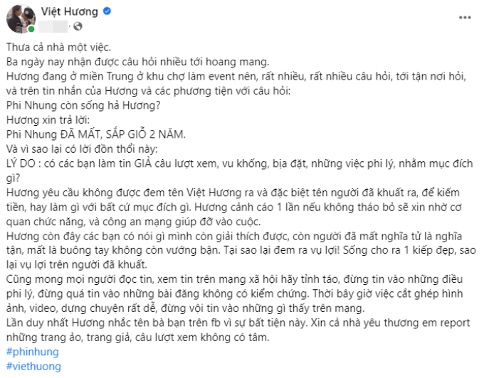 Việt Hương nổi đóa khi cộng đồng mạng xuyên tạc về cố NS Phi Nhung: Sao lại vụ lợi trên người đã khuất?