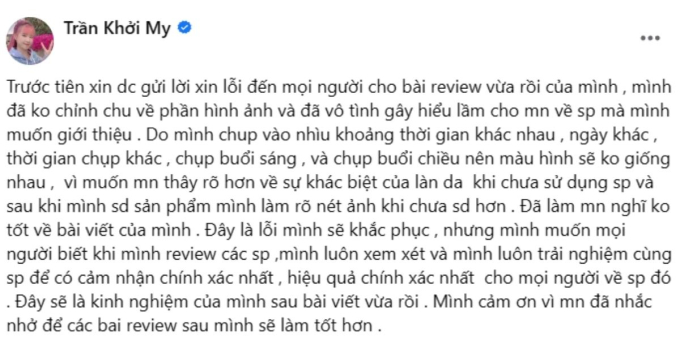 Khởi My lên tiếng xin lỗi vì review sai, netizen vẫn phản ứng ngày càng gay gắt